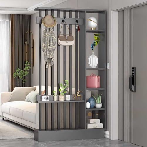 Wand-Raumteiler, bodenstehende Trennwand-Säule für Eingangsbereich, mit Garderobenschrank und Ausstellungsregal, Holz-Sichtschutz, Raumteiler-Säule, bodenstehende Wandpfeiler(Gray+Black,100cm/39.4in)