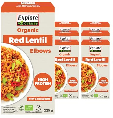 Explore Cuisine Organic Red Lentil Elbows, 6 x 225g | High in Protein, Source of Fibre, Organic, Gluten Free, Lower Carbs, Made with 2 Ingredients, Easy to Cook, Multi Pack Format