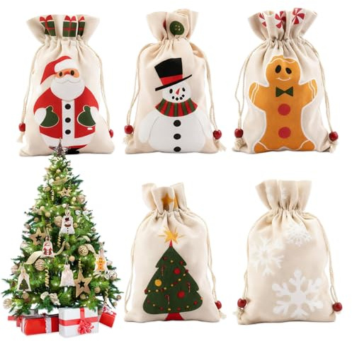 5 Stück Weihnachtstüten zum Befüllen, Geschenkbeutel, Weihnachtssack | 23 x 15cm Weihnachtsbeutel mit Kordelzug Weihnachtssäckchen zum Befüllen, Geschenktüten Weihnachten klein für Süßigkeiten