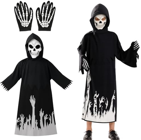 DvBCNMe Scream KostüM, Handschuhen Gruselig, Halloween KostüM Kinder Sensenmann Umhang, Ghostface Scream Reaper KostüM, Kinder Schwarze Robe Mit Kapuze
