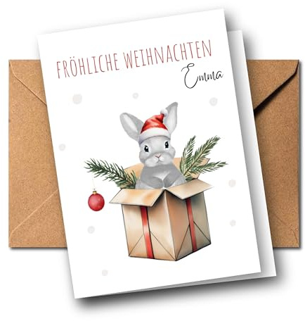 Personalisierte Weihnachtskarte mit Name – Tier im Geschenk – süße Klappkarte mit Umschlag für Geldgeschenk – – Weihnachtsgruß für Kinder & Erwachsene | DIN A6 Faltkarte (Hase)