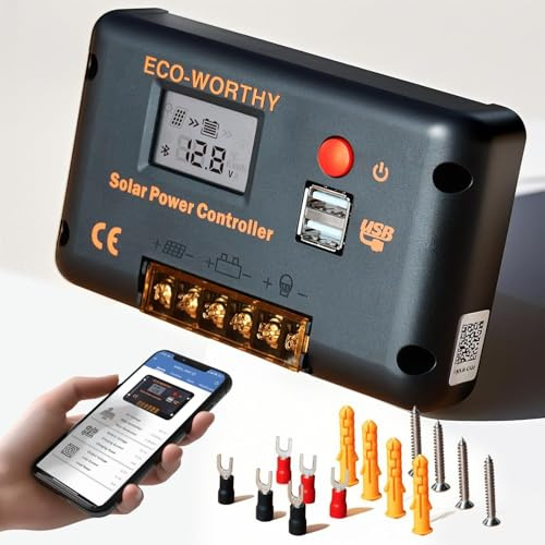 ECO-WORTHY 12V/24V 30A Laderegler Solar PWM mit Bluetooth & APP | 2 USB-Anschlüssen,Batterie Controller für AGM/LiFePO4/GEL