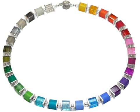 Generisch Collier Halskette Würfelkette Cube Glas crash Polaris mehrfarbig rot grün blau gelb Strass Edelstahl 001bbb