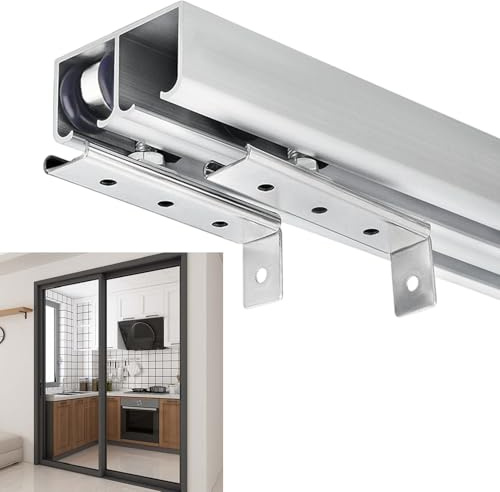 Schiebetür Schiene Hochleistungs-Doppelschiebetür-Schienensystem mit Beschlägen, 4-Rollen-Aufhängeschiene für Türstärken von 18–25 mm, Einfache Montage(Silver,1.8m(5.9ft))