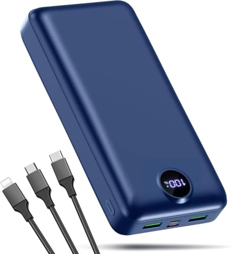 PDBEST Power Bank 50000mAh,22,5W Schnellladen 3 in 1 Kabel Externer Akku | 3 Ausgängen und 2 Eingängen LED Display Große Akkukapazität für Camping Unterwegs mit iPhone Android Tablet Blau