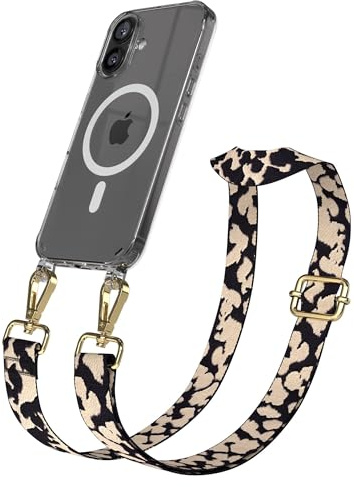 EAZY CASE Handykette - Verstellbares Taschenband kompatibel mit iPhone 16, Schulterriemen, Handykordel mit Silikon Hülle, Qi Charging kompatibel, Umhängetasche, Taupe Camouflage Gold