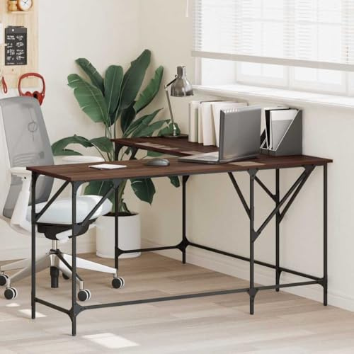 Hoopleep Bureau d'angle marron aspect chêne 149 x 149 x 75 cm, en forme de L, en bois avec cadre en métal, pieds réglables, plateau de table spacieux pour bureau et maison