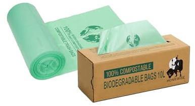 Homewise 150 Pack 10L Compost Bin Liners 100 Percent Biodegradable Plastic Free Kitchen Food Waste Bags EN13432 Certified Compostable with Dispenser Box Green 46 x 86cm