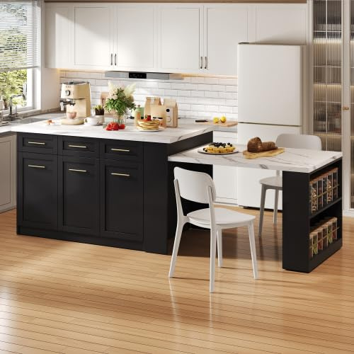 Isla de cocina negra con mesa de comedor extensible y encimera de mármol blanco, isla de cocina independiente con mucho espacio de almacenamiento, 3 cajones y estantes, 150 x 90 x 90 cm, como armario