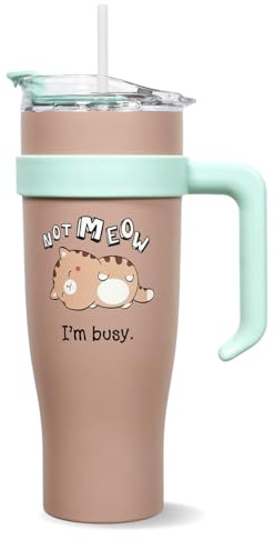 Gourde Isotherme XXL Kawaii Chat en Inox - Paille et Poignée | En Inox pour Conserver vos Boissons au Chaud ou au Frais - Idéal pour le Bureau ou le Sport