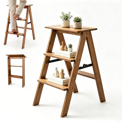 3 Step Ladder, Folding Step Stool with Anti-Slip Wide Pedal, Wooden Ladder