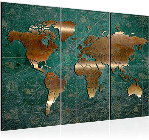 Runa Art Wandbilder Weltkarte Bild XXL Büro Wohnzimmer Grün Braun Antik 120 x 80 cm 3 Teilig 109031b
