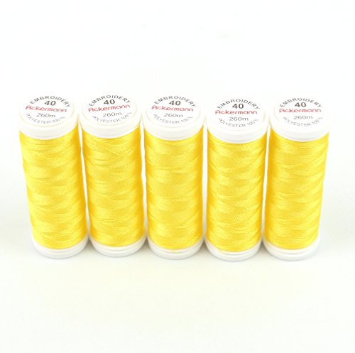 Ackermann® Embroidery (5X 260m) Maschinen STICKGARN, hochglänzendes und reißfestes Garn für die Näh- und Stickmaschine (2805 Gelb 1)