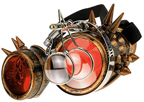 MFAZ Morefaz Ltd Welding Cyber Goggles Schutzbrille Schweißen Sonnenbrille Steampunk Goth Round Cosplay Brille Party Fancy Dress (Gold Spikes Loupe)