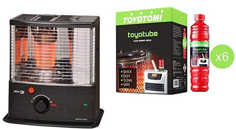 Zibro RS 30 -Stufa a Combustibile, 3000W, Nero, da 24m2-44m2 con Toyotube - Ricarica Rapida per stufe Toyotomi - Confezione da 6 bottiglie da 1,4 L + filtro adattatore