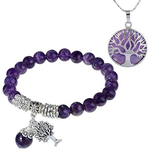 mookaitedecor Améthyste Perles Protection Bracelet Pierre Naturelle Lithotherapie Collier Pendentif Arbre de Vie Bijoux pour Femme