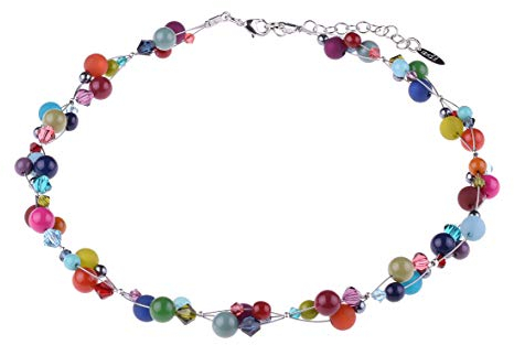 Adi Modeschmuck zarte Damenkette 'Leni', vielfältige Mischung aus Polaris, Acryl- und Glasperlen, verflochten auf 3 Fäden, handgefertigt in Berlin (Herbstlich bunt)