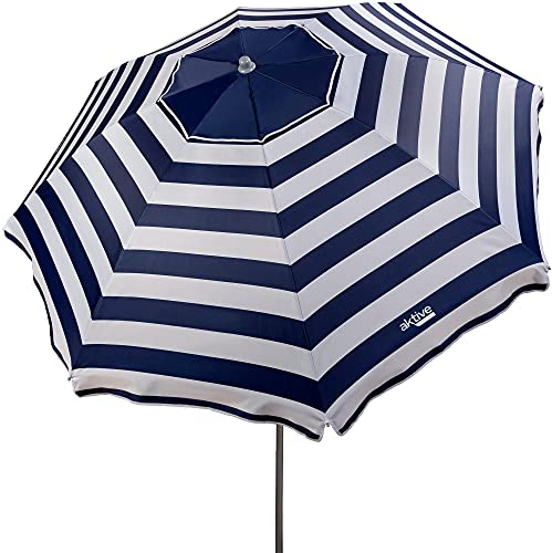 Aktive 62225 - Sombrilla de playa, 220 cm, sombrilla resistente al viento, techo de ventilación, mástil 28-32 mm, protección UV 50, Diseño a rayas marineras, Incluye bolsa de almacenamiento