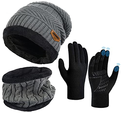 OOPOR Winter Hat Scarf Gloves Set - Thermal Warm Knitted Beanie Cap Circle Neck Warmer Touchscreen Glove Outdoor Sports Super Soft Fleece Inner Lining Stretchy Elastic Gift for Men Women Grey