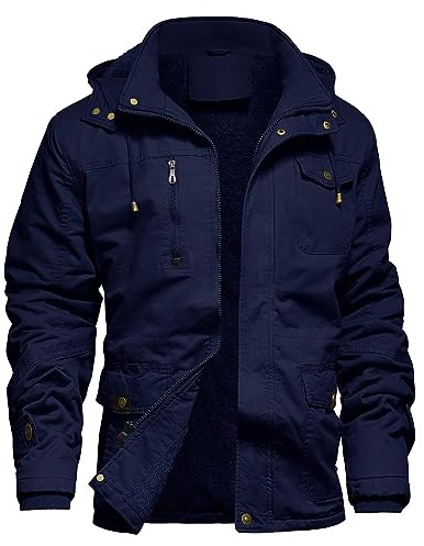 LEPOAR Men's Winter Jacket Military Jacket Fleece Lined Warm Cargo Jackets Removable Hood Cotton Work Coat, Navy-XL-02