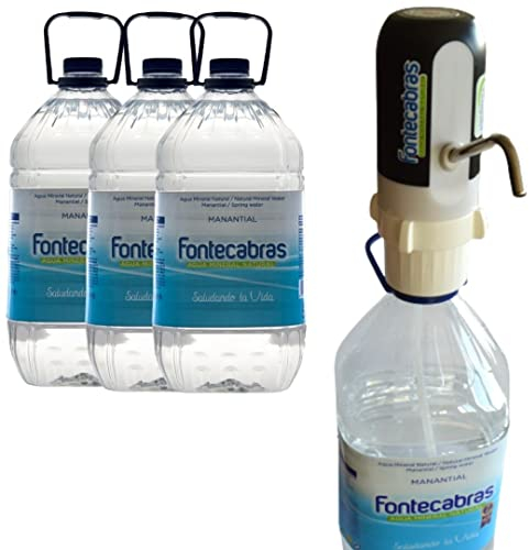 Dispensador, Bomba de Agua eléctrica con Adaptador para garrafas de 5, 8 y 20l. Carga con USB.+ 3 GARRAFAS DE Agua Mineral Natural FONTECABRAS 5L.