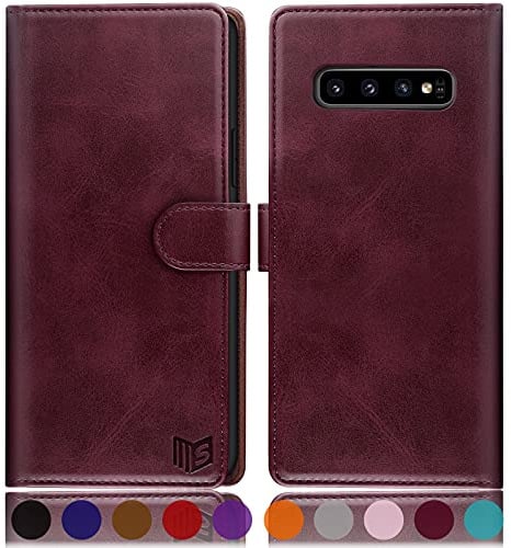 SUANPOT for Samsung Galaxy S10 case with [Credit Card Holder][RFID Blocking],PU Leather Flip Book Protective Cover Women Men for Samsung S10 Phone case Wine Red