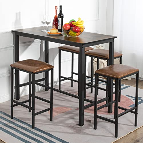 buybyroom Bartisch-Set, Stehtisch mit 4 Barhocker,Esstisch mit 4 Stühlen, Küchentisch im Industrie-Design,für Küche Esszimmer Wohnzimmer,Vintagebraun-schwarz