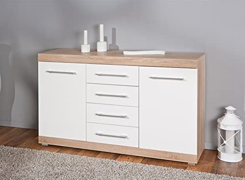 Dmora Buffet 2 Portes 4 tiroirs en laminé Finition chêne et Blanc laqué