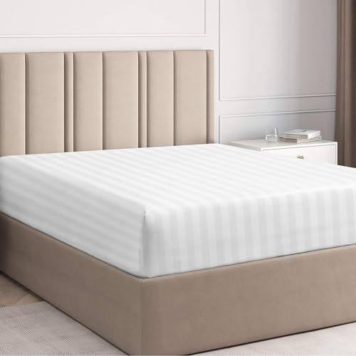 Pizuna Cotton White Satin Stripe Fitted Bed Sheets Double, 300 Thread Count 100% Long Staple Cotton Fitted Sheet, Sateen 140cm x 200cm Double Fitted Sheet Deep Fit upto 40 cm (White Damask Bedding)