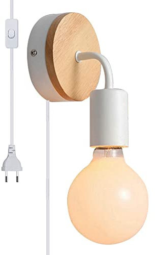 Applique murale LED avec prise européenne en métal et bois - Veilleuse moderne 220 V - Câble de 1,6 m - Culot E27 - Lampe de lecture pour couloir, café, loft bar,Ampoule non incluse (Blanc Couleur)