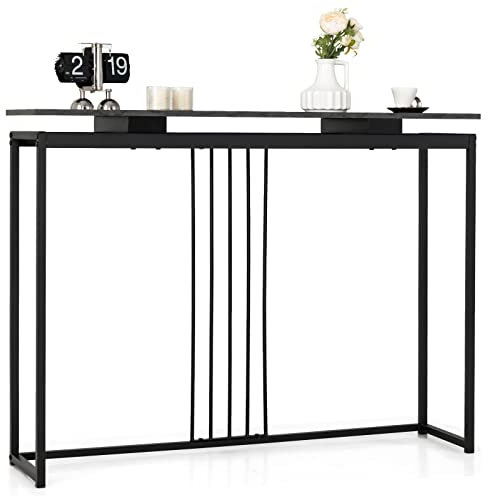 GOPLUS Mesa de consola larga de 120 cm, estrecha con kit antiinclinación, mesa de entrada de mármol sintético, con marco de acero, mesa larga para salón, comedor y cocina, color negro