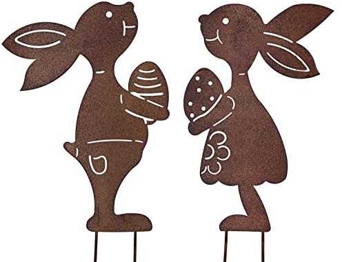 B2S BACK2SEASON Hase zum Stecken Rostopitk Metall Osterfest Ostereier Osterdeko Topfstecker Blumenstecker Höhe 24,5 cm + 9 cm Stecker 2er Set