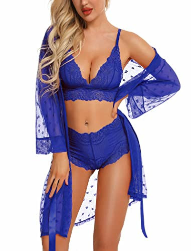 RSLOVE Sexy Dessous Set für Damen 3 teilig Spitzen Kimono mit BH und Höschen Blau M
