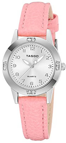 TASGO Damen-Armbanduhr, Leder, Quarzuhr, leicht ablesbar, mit Diamanten, leuchtend, wasserdicht, modische Armbanduhr für Damen und Mädchen, silber, rosa, Gurt