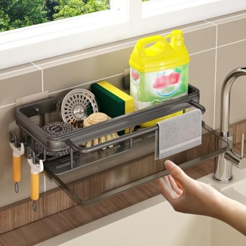Spülbecken Organizer Schwarz, Spüle Organizer, Kitchen Sink Organizer mit Ablaufwanne, Waschbecken Organizer Küche, Schwammhalter, Spültuchhalter, Spülmittel Halterung, Spülutensilien Aufbewahrung