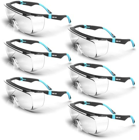 DEX FIT Safety Over Glasses SG210 OTG; Fit Over Your Eyewear, Z87 Eye Protection, Fog & Scratch Resistant, Adjustable for Women & Men, UV Protective (Black & Blue Frame, Clear Lens, Pack of 6)