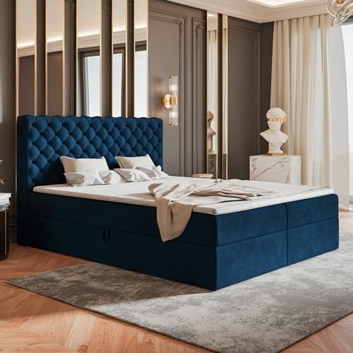 MOTIVENA Nero Chesterfield Boxspringbett 180x200 mit Bettkasten und Topper, Polsterbett 180x200 mit Bettkasten, Taschenfederkern-Matratze (H3), Visco Topper (H2), Samt, Blau (Dunkelblau)