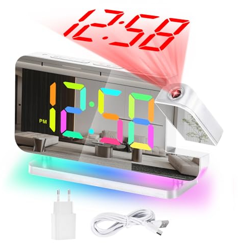 U-picks Alarm Clock with Projection,RGB Alarm Clock,7.4 LED Mirror Clock with 180°Rotating Projector,11 RGB Color Digital Display,10 Color Night Light,5 Level Volume Digital Table Clock For Children