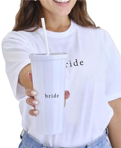 Ginger Ray 'Bride' White Re-usable Drinks Cup with Lid and Re-usable Straw 700ml