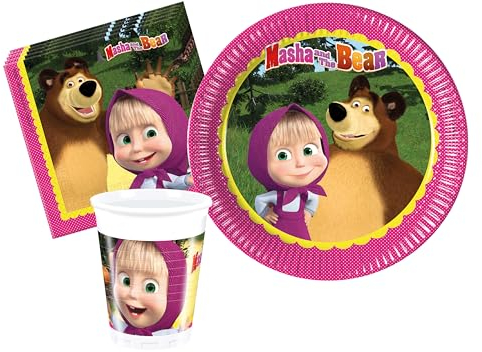 Ciao- Kit Vajilla de Fiesta Masha and the Bear (platos, vasos, servilletas), Multicolor, 8 personas (AZ067)