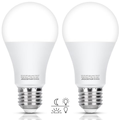 Aigostar LED Lampe E27 mit Tageslichtsensor, Lichtsensor Glühbirne 12W, Glühbirne mit Dämmerungssensor, Kaltweiss 6500K, 1170 Lm, Automatische On/Off LED Glühbirne für Korridor Garage Garten, 2 Stück