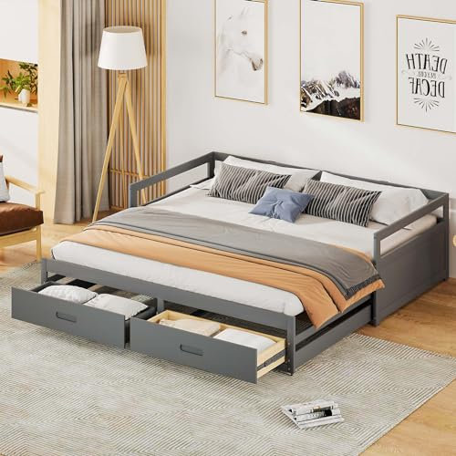 KOMHTOM Schlafsofa mit Lattenrost, Bett 90x200 mit Rollcontainer und Zwei Schubladen geeignet für Erwachsene und Jugendliche (grau)