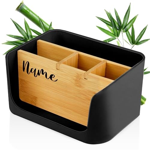 ECO Schreibtisch Organizer | Tisch- Büro- Kosmetik- Organizer | Handy & Tablet Halterung | Stiftehalter Schreibtisch | Briefablage | Serviettenhalter | Organizer box (schwarz, klein - PERSONALISIERT)