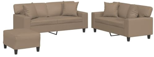 vidaXL Sofagarnitur 3-TLG., Sessel Couch mit Kissen Fußhocker, Sofa Wohnzimmersofa mit Armlehnen, Couchgarnitur Designsofa Sitzmöbel Polstermöbel, Cappuccino-Braun Kunstleder