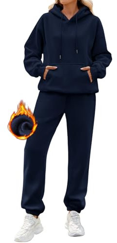 CMTOP Tracksuit Womens Full Set 2 Piece Outfits Lounge Wear Sets Fleece Co Ord Sets Warm Airport Leisure Suits Y2k Hoodies Jogger Sweatpants Set Gym Activewear Autumn Winter(Navy Blue,M)