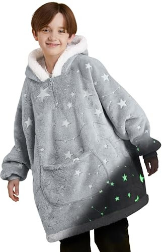 Giggling Getup Leuchtende Tragbare Decken Hoodie für Mädchen und Jungen, Übergrößer Flanel Sherpa Fleece Sweatshirt Decke mit Ärmeln, Warmer komfortabele Decke Geburtstagsgeschenke für Kinder Stern