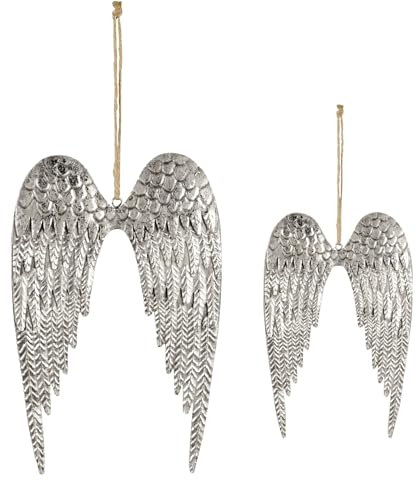 Storm's Gartenzaubereien Metall Engelsflügel 2er Set - Silber Antik Gewischt - 14,5-19cm - Juteband 11cm - Gartendeko zum Basteln - Türkranz - Schutzengel Deko - Flügel