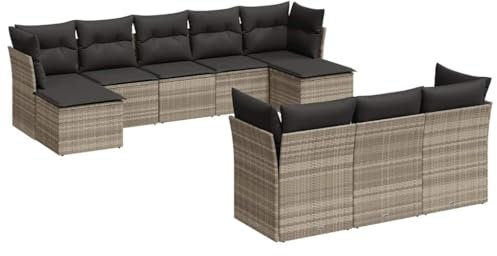 vidaXL 10-TLG. Garten-Sofagarnitur mit Kissen Hellgrau Poly Rattan