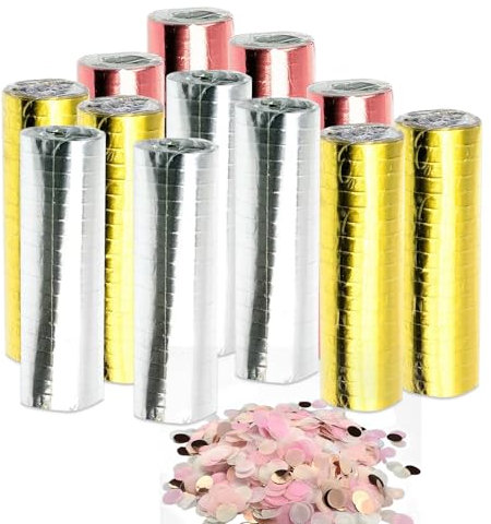 Luftschlangen metallic rosa und silberfarben, Vielseitige Luftschlangen für Geburtstage - Schillernde 12 Rollen Luftschlangen in Gold, Silber und Roségold, inklusive 10g Kirschblütenrosa Konfetti
