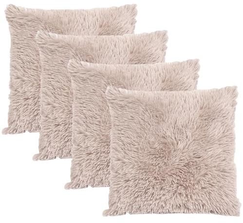 Sienna Cushion Covers Fluffy Throw Pillowcases 4 Pack, Super Soft Comfy Fabric Modern Neutral Stone Luxury Pillow Covers For Livingroom Sofa Bed, 45x45cm-Natural